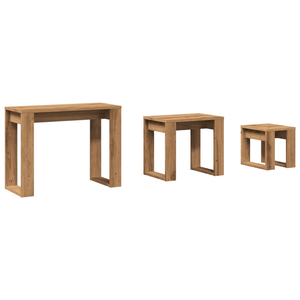 Nido di Tavoli 3 pz Rovere Artigianale in Legno Multistrato