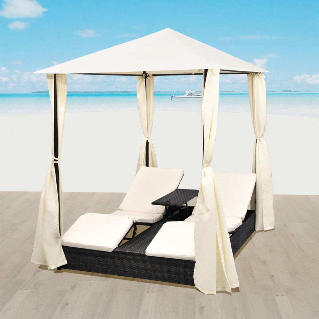 Lettino Prendisole Doppio con Tende in Polyrattan Marrone